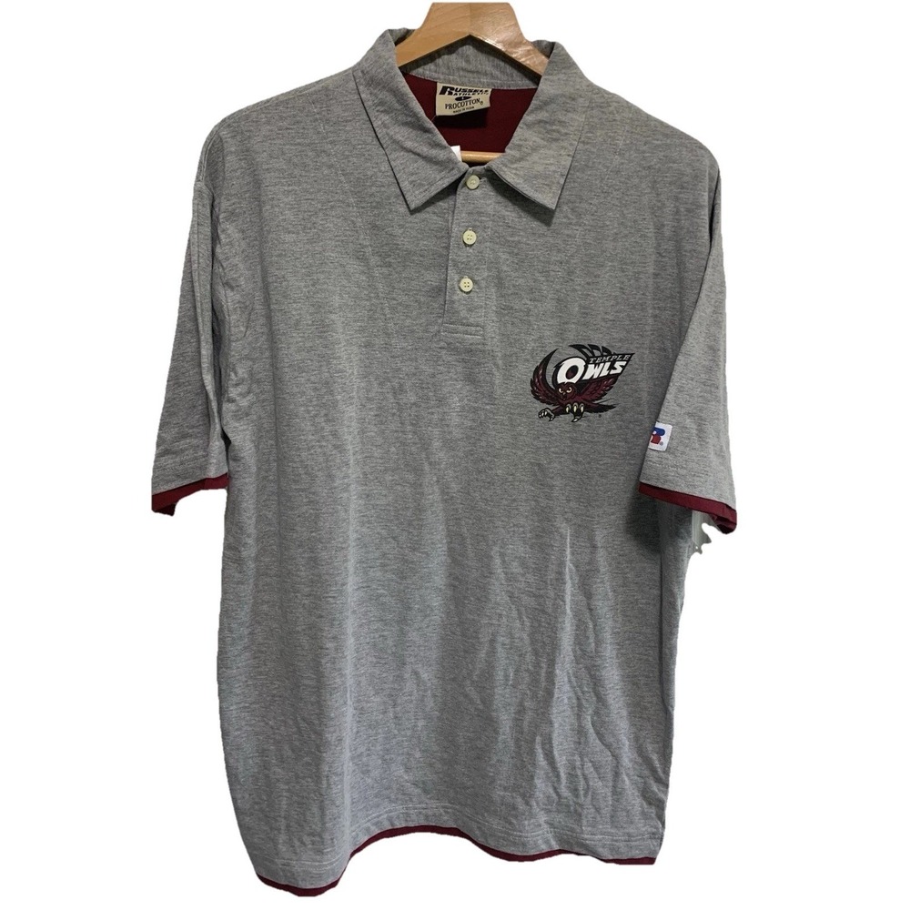 Russell Athletic Temple Owls Polo Shirt Large Grey NCAA Pro Cotton Sporty Casual